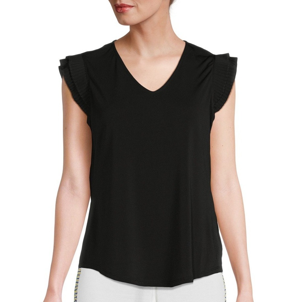 Adrianna Papell | Pleated Flutter Sleeve V-Neck Blouse in Black